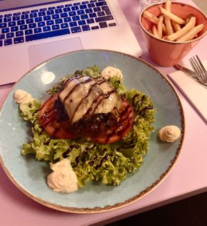 Bunless burger & fries  at DoppleGanger in Cambridge
