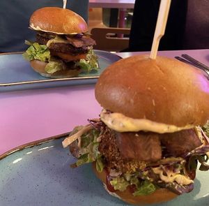 chicken burger with this isn’t bacon  at DoppleGanger in Cambridge