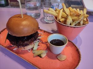 Korean BBQ burger and fries at DoppleGanger in Cambridge