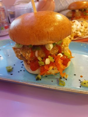 kimchi chicken burger at DoppleGanger in Cambridge