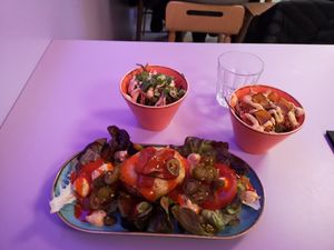 Bunless spicy burger with loads of salad, lucky slaw and mushroom balls at the new place. Awesome food. at DoppleGanger in Cambridge