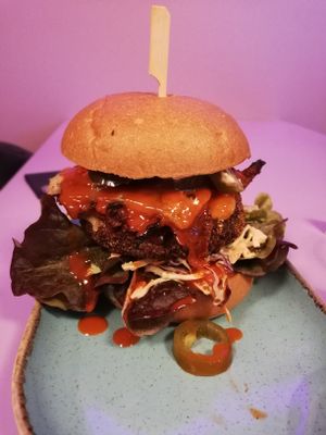 Hot chirpy! Crispy Dopplefillet, slaw , hot sauce and jalapenos. Fave thing on the menu :) at DoppleGanger in Cambridge