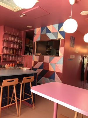 Pink interior at DoppleGanger in Cambridge