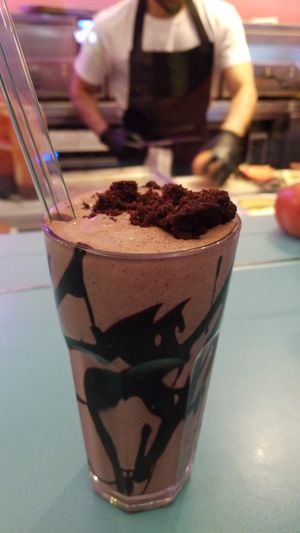 Brownie milkshake (vegan) w/ compostable straw at DoppleGanger in Cambridge