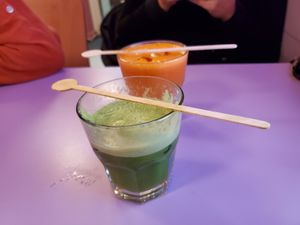 Green and Orange drinks - all healthy and delicious! at DoppleGanger in Cambridge