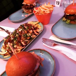 Burgers and loaded fries at DoppleGanger in Cambridge