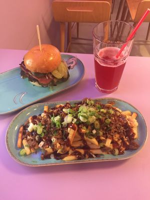 The most amazing heavenly divine tasty THIS isn’t BOB Burger with Quack Fries and Homemade Cherry, Chocolate and Cinnamon Kombucha made with so much LOVE.. at DoppleGanger in Cambridge