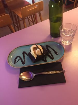 Wow, the most amazing heavenly divine taste Hot Chocolate Brownie with Vegan Vanilla Ice Cream Dessert made with so much LOVE at DoppleGanger in Cambridge