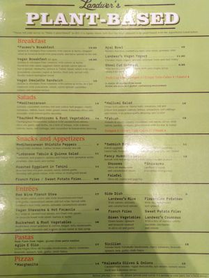 Plant based menu (side 1) at  Cafe Landwer in Vaughan