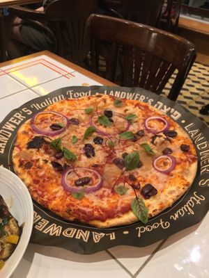 Vegan Kalamata Olives & Onions Pizza at  Cafe Landwer in Vaughan