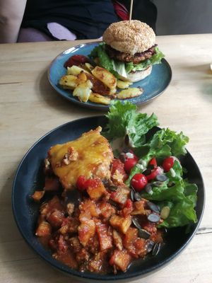 Mousaka and Burger at Wildwuchs in Neuruppin
