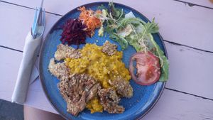 Veganes Kürbisrisotto mit Austernpilzschnitzel at Wildwuchs in Neuruppin