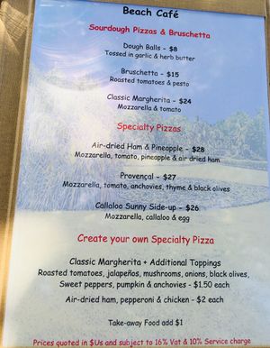 Pizza Menu at Cotton House Beach Cafe in Mustique
