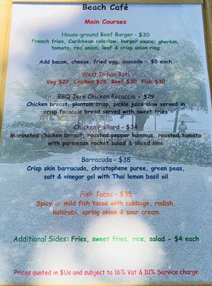 Main menu  at Cotton House Beach Cafe in Mustique