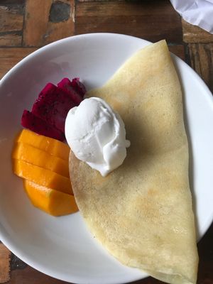 Vegan pancake with ice cream and fruit at Vegan Bali in Kuta