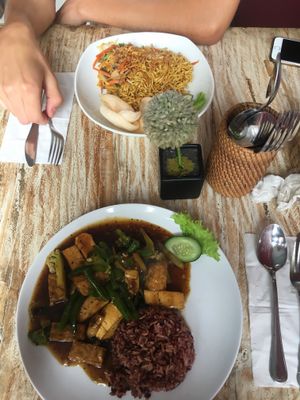 Migoreng and Black pepper tofu + tempe. Spring rolls are amazing too at Vegan Bali in Kuta