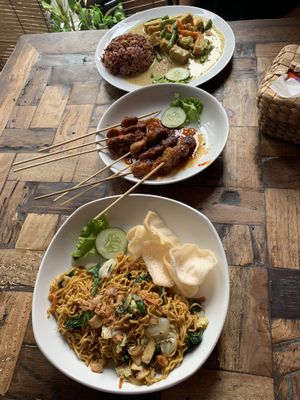 Mie goreng and nasi kare with sate at Vegan Bali in Kuta