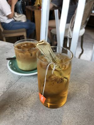 Ice tea and coffee green tea latte at Cafe Jeju 901 in Jeju