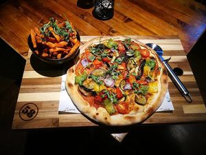 Vegan Vegetable pizza and a side of sweet potato fries at The Top Lock in Chorley