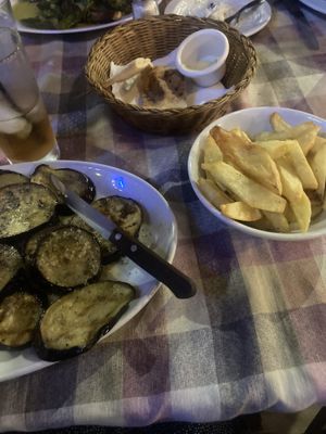 Grilled aubergines, came with chips  at Laterna Taverna in Paphos