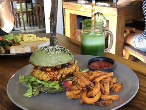 Vegan tempeh burger.  at Bukit Cafe in Pecatu