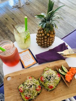 Avocado toast (with sourdough bread), Coco lime & Red berry juice at Acai Queen - Gootama in Ubud