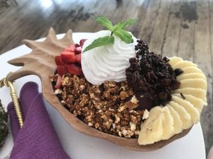 Super tasty and fresh açai bowl topped with coconut yoghurt.  at Acai Queen - Gootama in Ubud