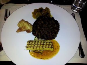 burger of zucchini, kidneybeans and onion, grilled zucchini, chutney of zucchini, tempura cauliflower and grilled polenta (2013) at Het Stadhuis in Oostburg