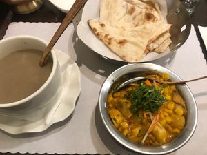 Mushroom & corn curry, mushroom soup without cream, plain naan at Flavor of India in Taipei