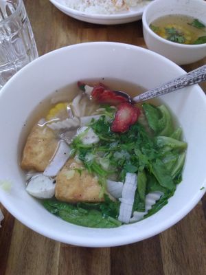 Red pork noodle soup at Kuan Im Yok in Vientiane