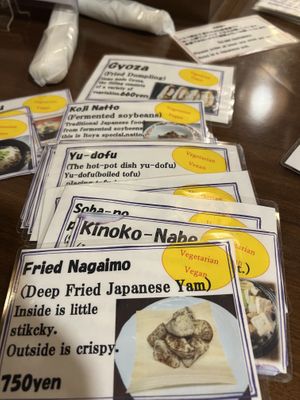 Cards to choose food from  at Itoya in Matsumoto