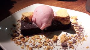 Chocolate brownie, honeycomb & raspberry sorbet at Home in Manchester