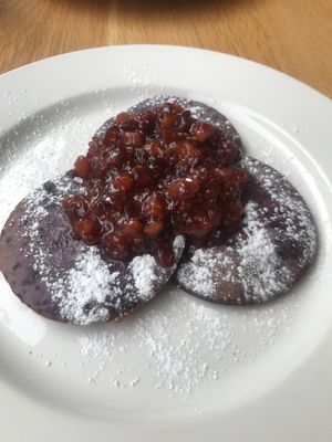 Loudons vegan blackcurrant pancakes.  Slightly sickly but still nice. at Loudons Cafe and Bakery - Fountainbridge in Edinburgh