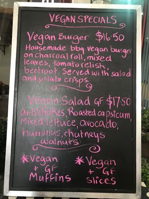 Vegan specials labelled  at 2Blondescafe  in Springwood