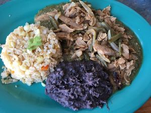 the pozole soya, with a green sauce, black beans and rice - rico at Soy Salud in Guerrero Negro