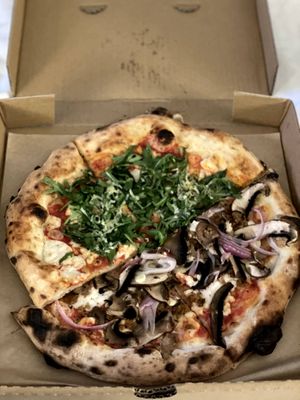 Vegan Margherita and Vegan Roman at Bare Knuckle Pizza in Oakland