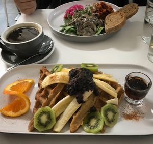 vegan Banana waffles (bottom), Vegan breakfast (top) at The Kitchen in Nelson