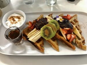 Banana waffles at The Kitchen in Nelson