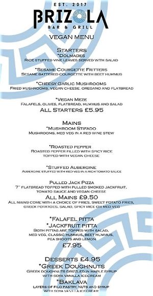 Vegan menu at Brizola Bar and Grill in Clitheroe