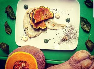 Zucca al forno con crema di funghi, salsa allo spinacino, veg maio al tartufo at OH Ficomaeco in Brescia