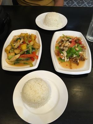 Sweet and sour veggies with tofu and green noodles with mushrooms and veggies  at The Plumber in Bangkok