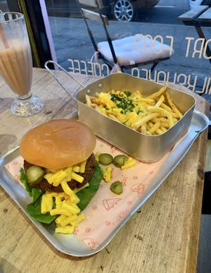 Mac daddy burger with cheese fries at Happy Friday Kitchen  in Oxford