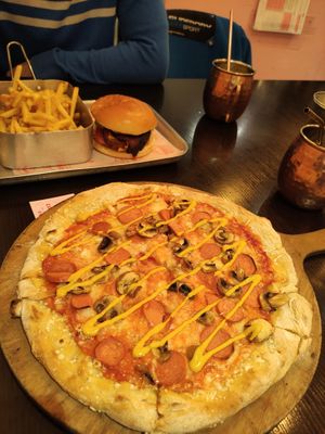 'wurst' pizza and burger with aubergine bacon + cocktail at Happy Friday Kitchen  in Oxford