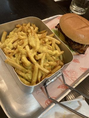 Cheesy chips + burger #Veganuary at Happy Friday Kitchen  in Oxford