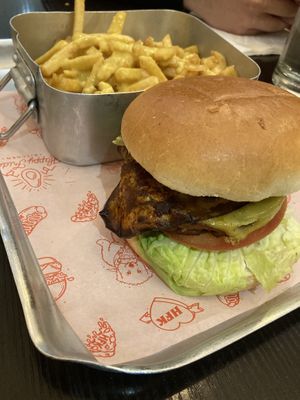 Cheesy chips + seitan burger #Veganuary at Happy Friday Kitchen  in Oxford