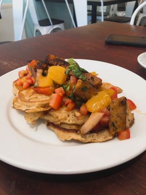 Smoked seitan pancakes  at Happy Friday Kitchen  in Oxford