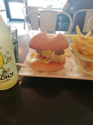 Happy Friday classic seitan burger with fries.  at Happy Friday Kitchen  in Oxford