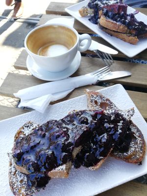 French toast with blueberries + black coffee.  at Happy Friday Kitchen  in Oxford