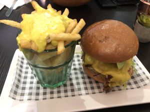 North Carolina burger and cheese fries  at Happy Friday Kitchen  in Oxford