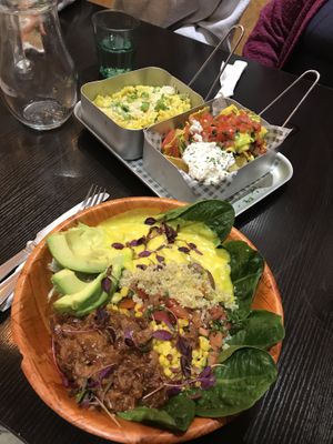 Mexican bowl (front) and Mac n cheese and nachos  at Happy Friday Kitchen  in Oxford